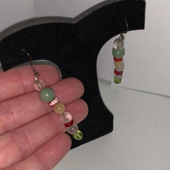 Coral, Jade, and Quartz Dangle Earrings - Picture 4 of 6